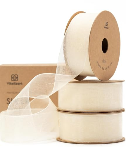 Vitalizart Nastro di Organza Bianco Avorio 2,5 cm x 27,4 m, Decorazioni per le Feste, Nastri Regalo in Tessuto di Tulle per Pacchi Regalo, Albero di Natale, Fai da Te, Fiocchi, Inviti di Nozze