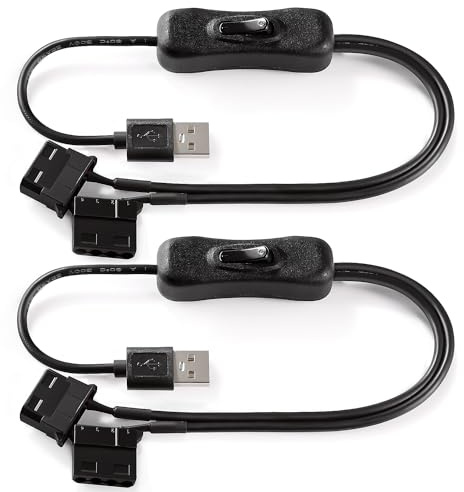KUOQIY 2 Stücke 40cm USB auf Dual 4-Poligen Molex PWM 5 V Ummanteltes Lüfterkabel mit Schalter, USB auf 4 Pin Molex Gehäuselüfter Adapter Anschlusskabel mit Ein/Aus-Schalter,USB-4-Pin-Molex-Kabel