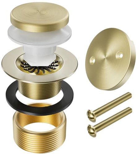 Yaseingoo Brushed Brass Bathtub Drain Stopper and Overflow Kit, Solid Brass Tip-Toe Bath Tub Drain with Hair Catcher - Universal Coarse/Fine Thread, Bathroom Bathtub Plug Replacement, 11.5/16 UNC