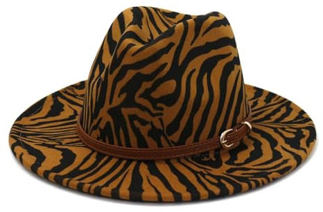 FULUJIDI Fedora Trilby Filzhut Hut Gestreifte Print Jazz Fedora Hüte Mit Gürtels Chnalle Frauen Männer Breite Krempe Hut Panama Cap 56 To58 cm Khaki