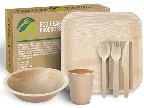ECO Leaf 350 Pcs Disposable Palm Leaf Dinner Set | 50 X 10 Square Plates, 7 Round Bowls, 8oz Bamboo Paper Cups, Wooden Cutlery Set | Eco-Friendly, Biodegradable Heavy-Duty for Wedding, Party, Picnic