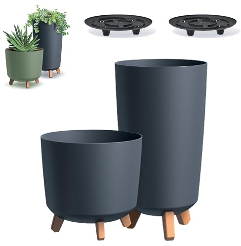 DIKEL 2X Runder Blumentopf ⌀ 24 cm x 44,5 cm und ⌀ 30 cm x 28,5 cm | Pflanzkübel mit 4 Steckfüßen | Übertöpfe für drinnen und draußen | Pflanzentopf Dekoration für Haus und Garten | Anthrazit