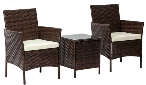 Nustone Rattan Garden Furniture Patio Bistro Set, 2 Chairs with Cushions and a Coffee Table, Perfect for Gardens, Cafes and Terraces (Brown)