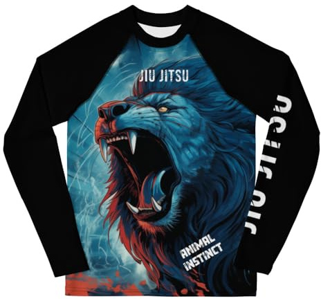Generic Youth Boys No Gi Jiu Jitsu Rash Guard - Blue Lion - Animal Instinct - BJJ, Wrestling, 10, White