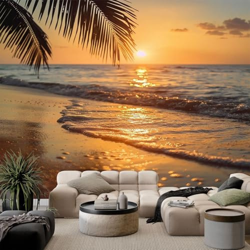Papier Peint Panoramique Chambre Coucher de Soleil Océan Plage Poster Géant Intissé Mural Multicolore pour Salon Canapé TV Fond Décoration Murale 350x256cm