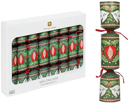 Talking Tables 8 x Mini Christmas Crackers with Games, Jokes & Party Hats - Folklore Green Design, Recyclable, Plastic Free, 15 cm