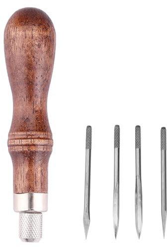 Scratch Awl Tool, Leather Crafting Awl Set 4 Metal Heads for DIY Projects