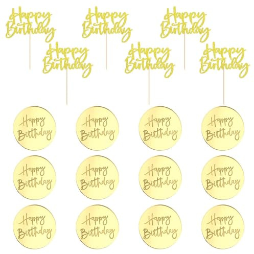 QFEHTHSK Étiquettes Rondes Joyeux Anniversaire - 12 Pièces avec 6 Inserts de Gâteau, Décorations Dorées