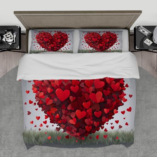 WEECHAINGE Set copripiumino Sweetheart con lettere a forma di cuore rosso, microfibra spazzolata, set di biancheria da letto di lusso morbido con chiusura a cerniera 240x220 cm