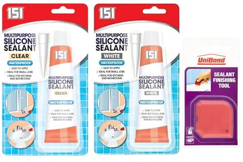 Clear & White Silicone Sealant with Finishing Tool | Waterproof, Multipurpose Sealant for Bathroom, Kitchen, Windows, Toilet & More | 2x70g Tubes, Easy Application