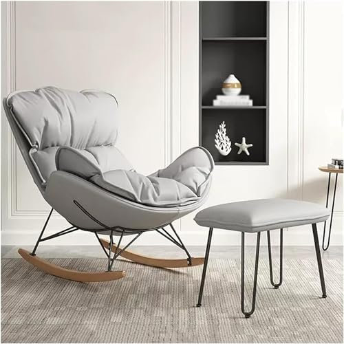 SZITW Schaukelstuhl für das Wohnzimmer, gepolsterter Schaukelstuhl, bequemer Lounge-Seitenstuhl mit Ottomane, Freizeitsofa, Liegestuhl, Bequeme Lesestühle (Farbe: Grau-1)