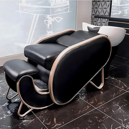 Shampoo-Bett mit Tritthocker und Keramik-Waschbecken-Set – Salon-Shampoo-Becken und Rückspüleinheit, Haarpflege, Massage, Friseurstuhl, halb zurückliegend