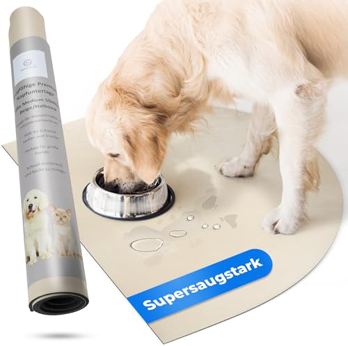 Miggo® Napfunterlage halbrund 50x80 cm Beige XL – saugfähig, rutschfest | Für Hund & Katze | Kunstleder-Optik | Bodenschutz für Parkett, Laminat, Fliesen | Futtermatte für Näpfe & Trinkbrunnen