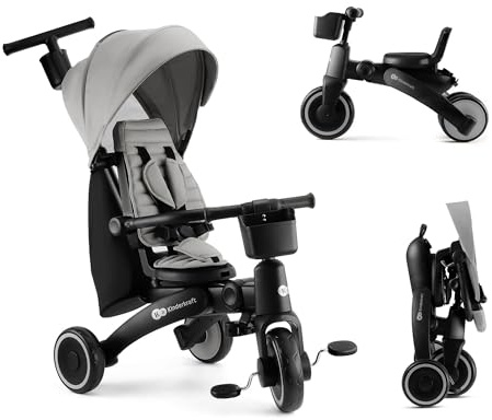 Kinderkraft Jazz 2, Tricycle Transformable 6 en 1, avec Fonction Draisienne, Pliable, avec Accessoires, Vélo Polyvalent, Protection UV UPF50+, De 9 Mois à 5 Ans, Gris