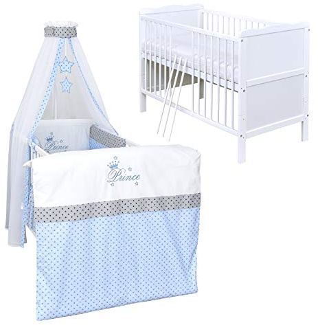 Generisch Baby Delux Babybett Komplett Set 9-TLG Kinderbett umbaubar zum Juniorbett 70x140 Matratze Jack Bettset Chiffonhimmel (Prince Stars)
