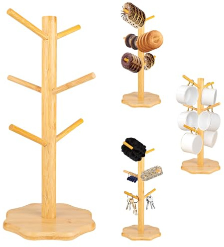 VFANDV Porte Tasse, Porte-Gobelet à Café avec 6 Crochets, Porte-Tasses Bois avec Base Épaissie, Porte Mug Support Tasse Support à Bretzel, Arbre à Tasse Bois (Couleur du Bois)