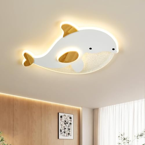 Schindora LED Deckenlampe Kinderzimmer,Delfin Form Deckenleuchte WeißEs Und Holz Korn Baby Lampe Wohnzimmer,Dimmbar Mit Steuerung,28W Wohnzimmerlampe FüR KüChe Kinder Schlafzimmer,50 * 34Cm