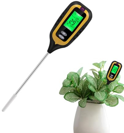 Plant Moisture Meter, 4-in-1 Soil Test Tool, PH Light Temperature Hygrometer Sensor 12.48x2.32 Inches, Accurate Readings, LCD Display, Gardening Farming Tool for Lawn Houseplants Indoor Outdoor Care