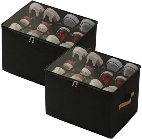 XIANGLV Staubdichte Schuhaufbewahrung Schuhorganizer, Shoe Organizer aus Stoff mit Klarer Abdeckung, Schuhboxen Stapelbar Schuhregal Platzsparend Schuh Organizer für 8-16 Paare (Schwarz, 2 Pack)