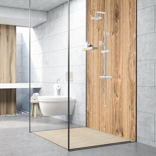Dedeco Premium Bad Duschrückwand mit Motiv: Holz V1, 90x200cm, wasserfest, hochwertige fugenlose Wandverkleidung aus 3mm-Alu-Verbundplatte, Fliesenersatz ohne Bohren, Made in Germany