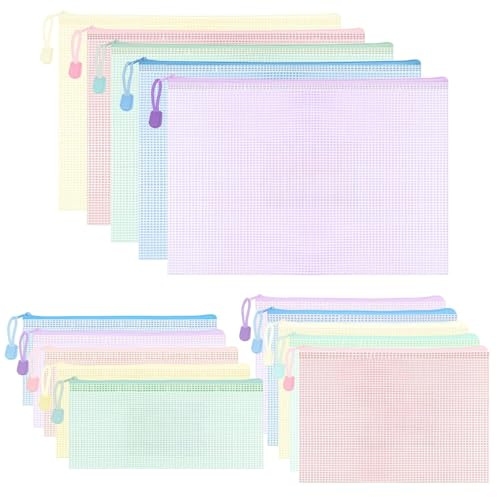 WISYOK 15 Stück Dokumententasche, A4 A5 A6, 5 Farben, Macaron | Reißverschlusstasche, Wasserdichte Mesh Dokumententasche für Dokumente, Dokumententaschen für Büro, Schule und Reisen