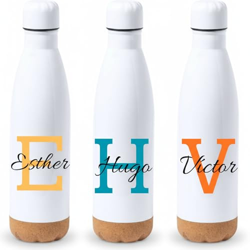Fresh-Ko - Botella Personalizada Inicial y Nombre 750 ml - Base de Corcho - Botella Personalizada - Tapón Hermético - Botella agua acero inoxidable niños - Botella agua acero inoxidable