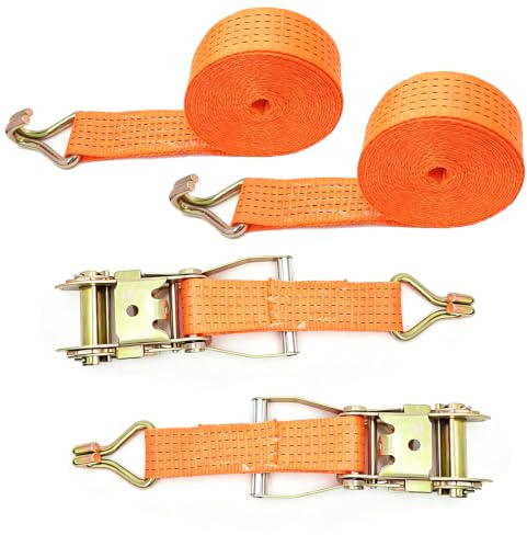 2 Stück 6M Spanngurte mit Ratsche und Haken, 50mm Polyester Zurrgurt Zweiteilig, 5000kg Heavy Duty Ratschengurt Orange für Anhänger, Motorrad, Auto, Cargo