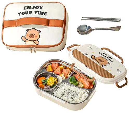 Contenitore per il pranzo in acciaio inox per bambini, contenitore per il pranzo a 4 scomparti per adulti con posate, adatto al microonde, con borsa per il trasporto, per escursioni, campeggio
