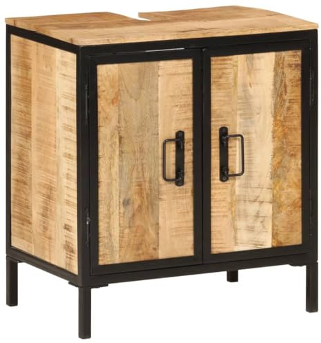 JHQHSM Mobile Lavabo da Bagno 55x35x60 cm in Legno Massello Mango e Ferro con 2 Ante, Design Salvaspazio per Arredamento Bagno, Struttura Robusta e Ampio Spazio Portaoggetti, Ideale