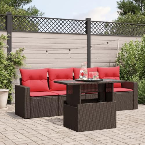 Holamys 5-teiliges Gartensofa-Set Polyrattan Braun, Outdoor Lounge-Set mit verstellbarem Esstisch, modulare Terrassenmöbel für den Außenbereich, UV-beständig, mit bequemen Kissen