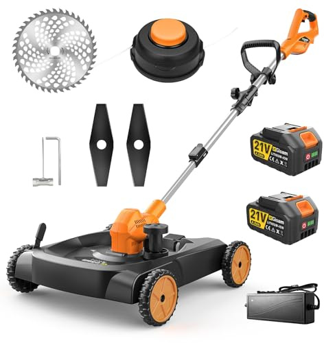 Tondeuse à Gazon sans Fil 3-en-1, débroussailleuse & Coupe-Bord, Moteur sans balais 3000W, 18,9 3 Lames, 2×4.0Ah, Hauteur & Angle réglables, Convient pour Le désherbage (Black)