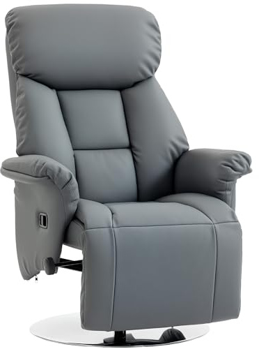 HOMCOM Poltrona reclinabile girevole con poggiapiedi regolabile e braccioli, poltrona relax da salotto poltrona TV in pelle sintetica per salotto, camera da letto, home cinema, grigia