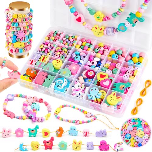 BYHANO Holzperlen für Kinder ab 4 Jahre, Perlen für Armbänder, Bastelset mit Blumen, Tieren und Macaron-farbenen Perlen inklusive Schnur, für DIY Armbänder, Schmuck und kreative Projekte
