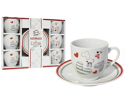 Servizio Set 6 Tazzine Da Caffè 90cc Con 6 Piattini Shabby Decorazioni Cuori 12 Pezzi Ceramica