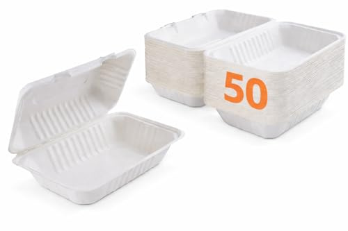 Ecokanta Clamshell Takeaway Boxes, 9x6 inch, 32oz / 900ml, Made from Natural Sugarcane Pulp, Disposable Food Container, Home Compostable Biodegradable, Sugarcane bagasse (50)