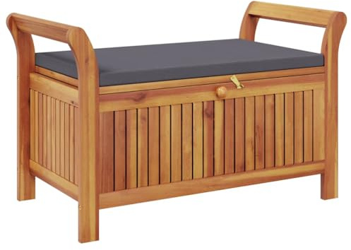 Coespram Gartenbank 91 cm Akazie Massivholz mit Stauraum Truhenbank dunkelgraues Sitzkissen klappbar platzsparend für Balkon Terrasse Garten