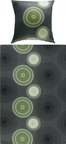 REDBEST Bettwäsche, Bettgarnitur Satin Kreise anthrazit-grün Größe 80x80 cm / 135x200 cm - 100% Baumwolle, mit praktischem Reißverschluss (weitere Größen, Farben)