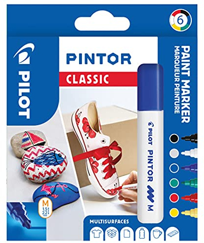 PILOT PINTOR Kreativmarker – 6 Stück in M – Klassische Farben – Farbmarker-Stifte für DIY-Projekte, für fast alle Oberflächen, schnell trocknend und gut deckend