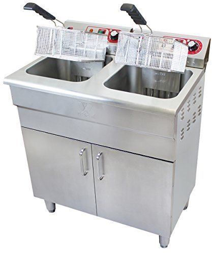 Beeketal 'BSF-320P' Profi Gastro Stand Doppel Fritteuse mit Unterschrank (2 x 16 L Volumen für max. 2 x 11 L Öl) Friteuse mit Fettablaufhahn im Schrank, 2 x 5000 Watt, 400V-50Hz Starkstrom Anschlüsse