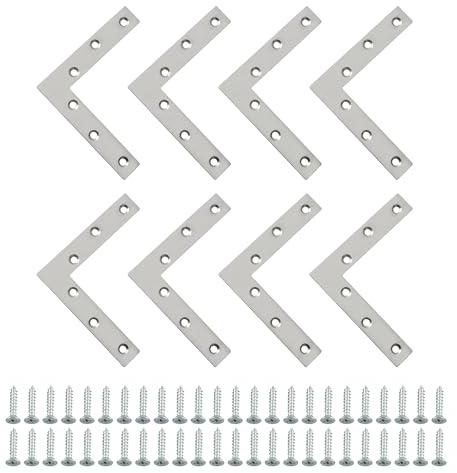 SAYAYO Flat L Shape Angle Bracket Repair Mending Plate 120X120mm, Brushed | 8PCS Repair Brace Joint Support Connector with Screws for Furniture Desk Table Shelf, Stainless Steel