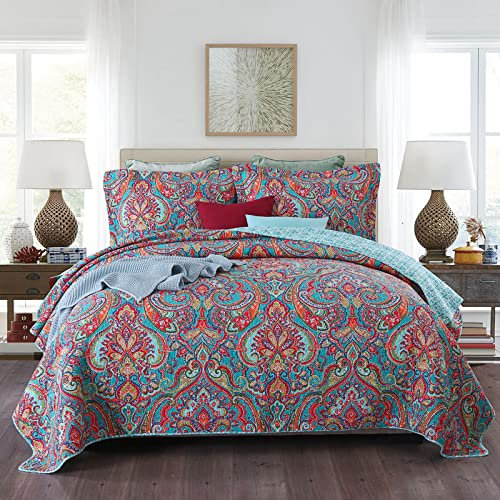 Qucover Paisley Tagesdecke 220x240cm Gesteppte Decke Boho Stil Sofaüberwurf Bettüberwurf mit Kissen Set aus Baumwolle & Polyester Zweiseitiges Design