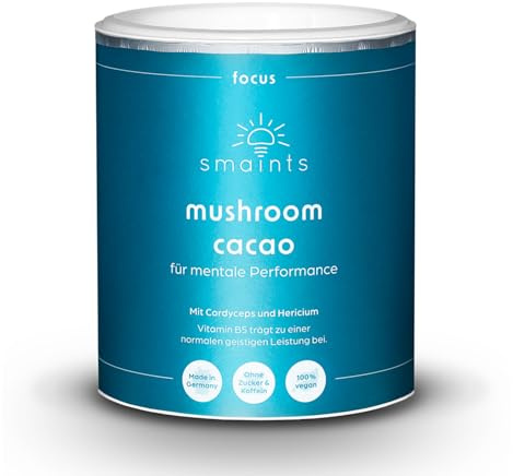 smaints Mushroom Cacao I Vitalpilz-Kakao mit Cordyceps & Hericium, Cholin, Ginkgo & Vitamin B5 I Hochdosierte Pilz Kakao Kaffeealternative I Ohne Koffein & ohne Zucker I 30 Portionen für 30 Tage