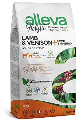 ALLEVA - Alleva Holistic Trockenfutter mit Lamm & Hirsch + Hanfsamen - Hundefutter - Medium/Maxi - Fein zubereitetes Trockenfutter ohne Getreide - Trockenfutter 2 kg-Beutel