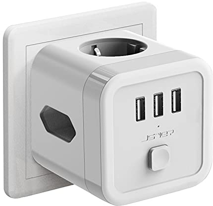 USB Steckdosenwürfel,JSVER Steckdosenleiste 3 Fach mit 3 USB Steckdosenadapter (2 Eurosteckdose und 1 Schuko) 6 in1 Powercube Mehrfachsteckdose Ladegerät Schreibtisch Ohne Kabel mit Schalter-Weiß