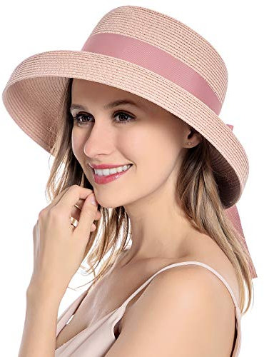 Muryobao Damen Sonnenhut Strohhut Sommer UV-Schutz Reise Faltbare Krempe Eimer Hut Vintage Glocke Strand Angeln Kappe, Pink, Einheitsgröße