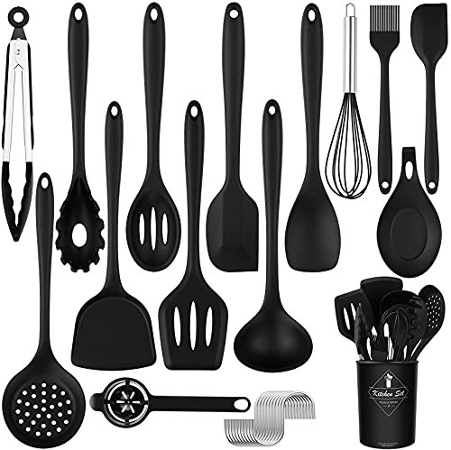 FUKTSYSM Kitchen Utensils Set - 25pcs Silicone Kitchen Utensils Set, BPA Free Food Grade Non Stick Coating Silicone Spatulas Kitchen Utensils, Heat Resistant and Easy Clean, Black