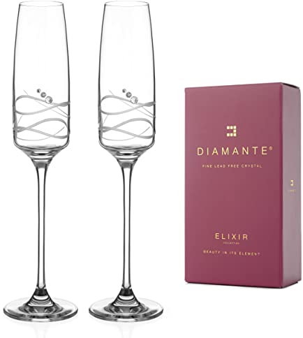 DIAMANTE Champagne Flute Prosecco Glasses Set - 'Soho' - Embellished with Swarovski Crystals - Gift Box of 2