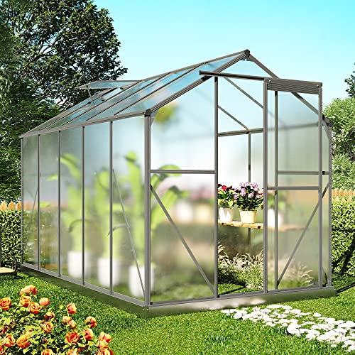 Topchances Serra da giardino in alluminio walk-in 4 stagioni Chalet in policarbonato con fondotinta e finestra per piantine, piante da fiori, 1,8 x 3 m, colore: grigio