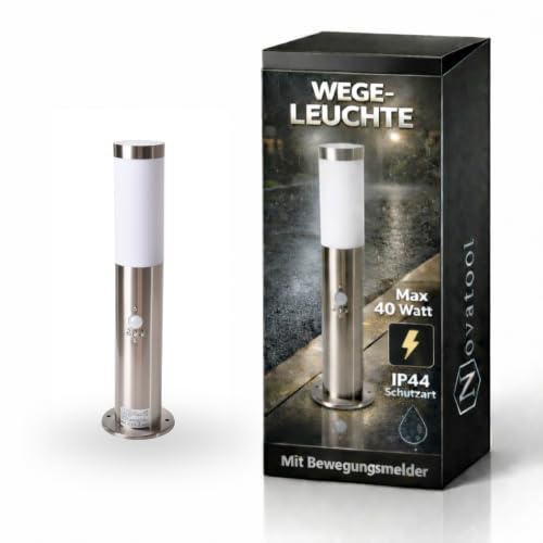 Novatool Gartenlampe I 45 cm I mit Bewegungsmelder I Edelstahl I IP44 I E27 Sockel I Gartenleuchte Stehlampe Säulenlampe außen Außenlampe Aussenleuchten Sockelleuchte Pollerleuchte Wegeleuchte
