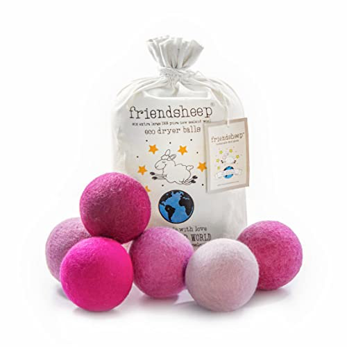 Friendsheep Trocknerbälle aus Wolle, organische wiederverwendbare Weichspüler-Alternative für Wäsche, handgefertigt, Fair Trade, hypoallergen, umweltfreundlich, plastikfrei (6 Stück, XL, Pink